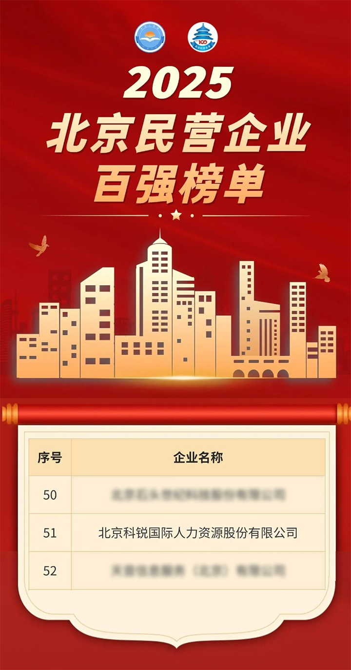 人力资源公司南宫NG28国际荣登北京市工商联发布的2025北京民营企业百强榜单